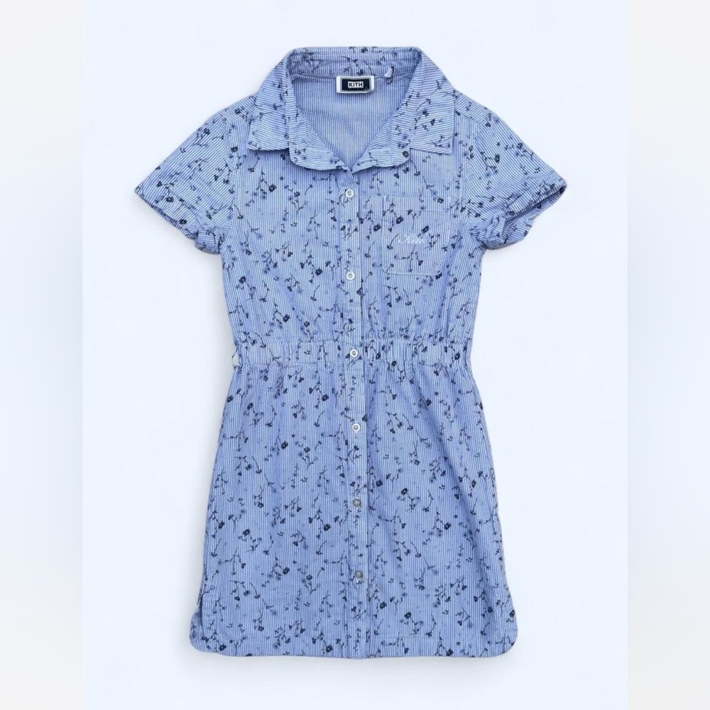 Kith seersucker girls dress 100% cotton floral nautical coastal L 10-12